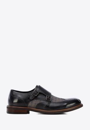Men's leather double monks with checkered detail, black, 96-M-518-1-43, Photo 1