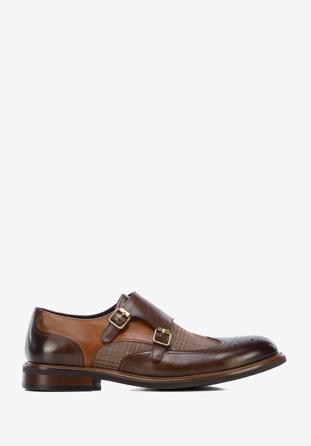 Men's leather double monks with checkered detail, dark brown - light brown, 96-M-518-4-42, Photo 1