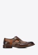 Men's leather double monks with checkered detail, dark brown - light brown, 96-M-518-1-42, Photo 1