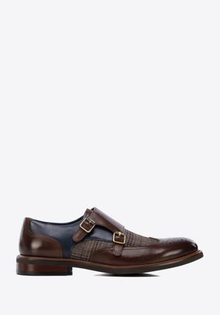 Men's leather double monks with checkered detail, brown-navy blue, 96-M-518-N-39, Photo 1