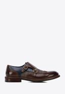 Men's leather double monks with checkered detail, brown-navy blue, 96-M-518-1-39, Photo 1