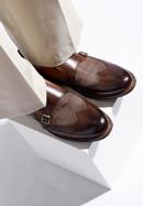 Men's leather double monks with checkered detail, dark brown - light brown, 96-M-518-1-44, Photo 15