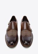 Men's leather double monks with checkered detail, dark brown - light brown, 96-M-518-1-45, Photo 2