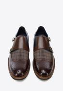 Men's leather double monks with checkered detail, brown-navy blue, 96-M-518-1-39, Photo 2