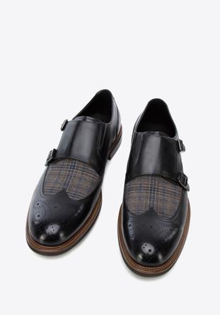 Men's leather double monks with checkered detail, black, 96-M-518-1-41, Photo 1