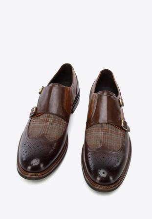 Men's leather double monks with checkered detail, dark brown - light brown, 96-M-518-4-41, Photo 1