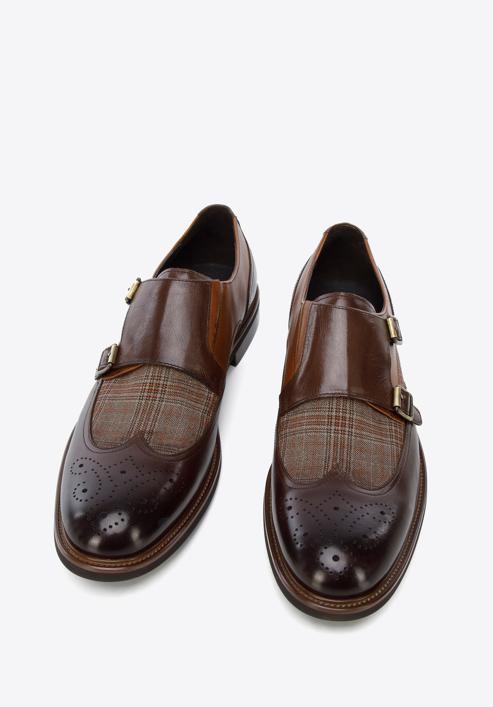 Men's leather double monks with checkered detail, dark brown - light brown, 96-M-518-1-42, Photo 3