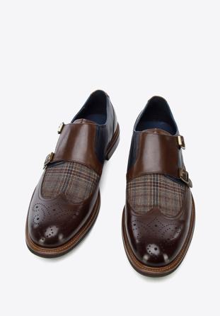 Men's leather double monks with checkered detail, brown-navy blue, 96-M-518-N-43, Photo 1