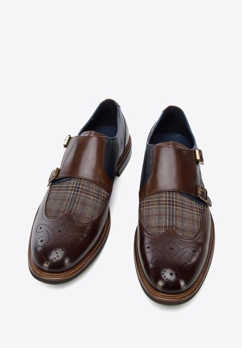 Men's leather double monks with checkered detail, brown-navy blue, 96-M-518-1-42, Photo 3