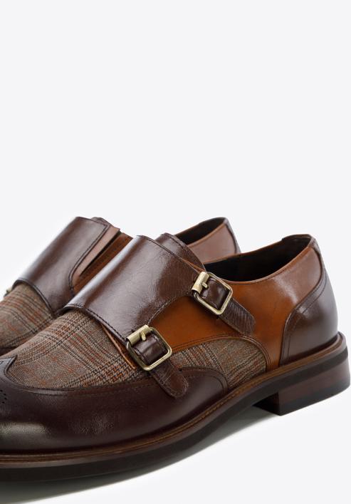 Men's leather double monks with checkered detail, dark brown - light brown, 96-M-518-1-42, Photo 7