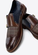 Men's leather double monks with checkered detail, brown-navy blue, 96-M-518-1-39, Photo 7
