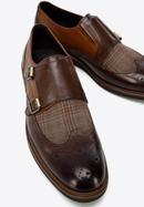 Men's leather double monks with checkered detail, dark brown - light brown, 96-M-518-1-44, Photo 8