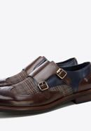 Men's leather double monks with checkered detail, brown-navy blue, 96-M-518-1-39, Photo 8