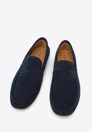 Men's suede penny loafers, navy blue, 96-M-510-N-42, Photo 1