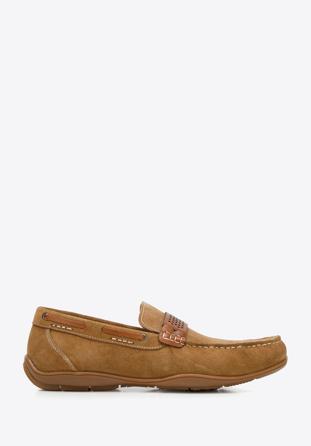 Men's leather moccasins with perforated strap, brown, 94-M-501-5-44, Photo 1