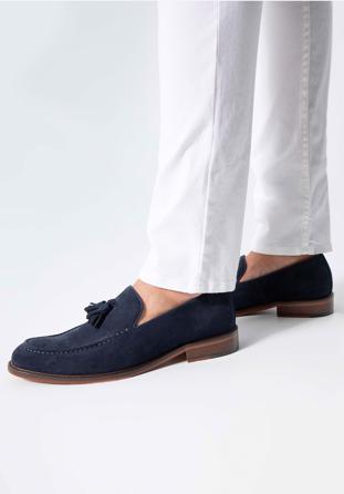 Men's suede tassel loafers, navy blue, 98-M-702-N-45, Photo 1