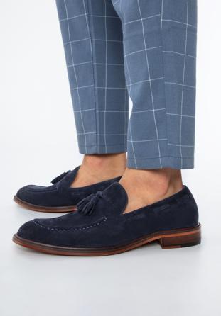 Men's suede tassel loafers, navy blue, 96-M-706-N-44, Photo 1