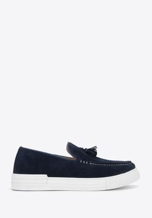 Men's suede tassel platform loafers, navy blue, 98-M-701-N-43, Photo 1