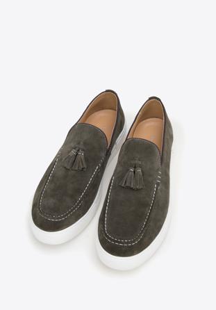 Men's suede tassel platform loafers, dark green, 98-M-701-Z-40, Photo 1