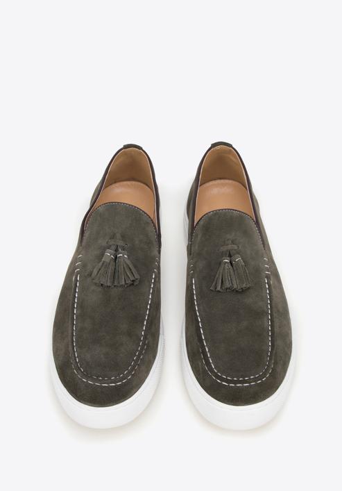 Men's suede tassel platform loafers, dark green, 98-M-701-Z-40, Photo 3