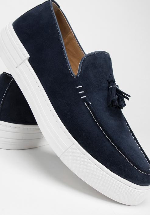 Men's suede tassel platform loafers, navy blue, 98-M-701-N-45, Photo 8