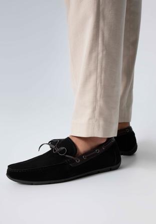 Men's suede moccasins with strap, black, 98-M-710-1-44, Photo 1