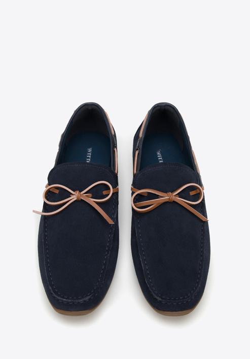 Men's suede moccasins with strap, navy blue, 98-M-710-4-43, Photo 3