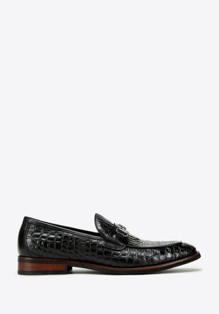 Men's croc-embossed leather bit loafers, black, 97-M-508-1-45, Photo 1