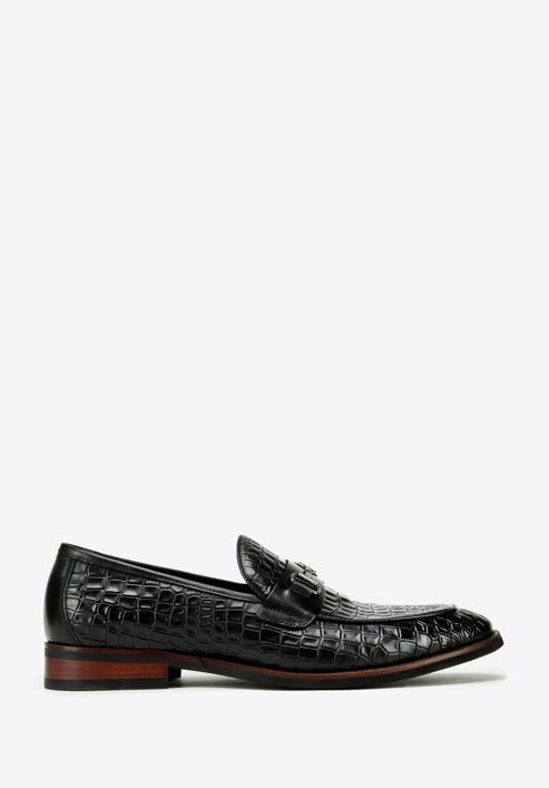 Men's croc-embossed leather bit loafers, black, 97-M-508-5-44, Photo 1