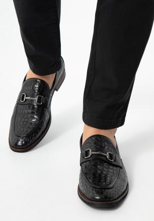 Men's croc-embossed leather bit loafers, black, 97-M-508-1-45, Photo 1