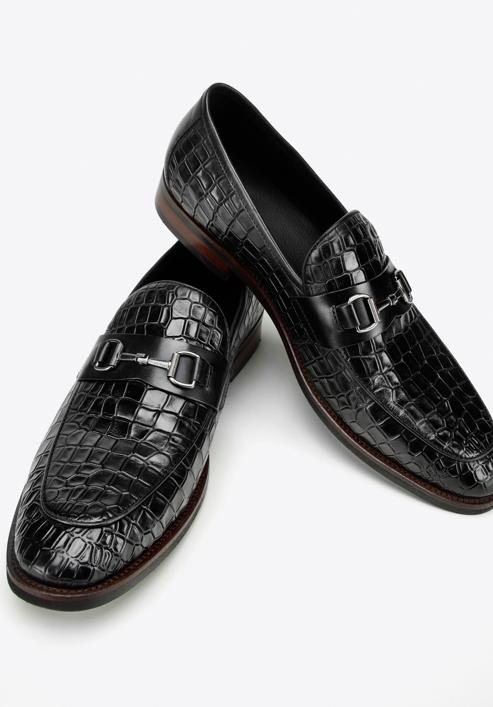 Men's croc-embossed leather bit loafers, black, 97-M-508-1-45, Photo 6