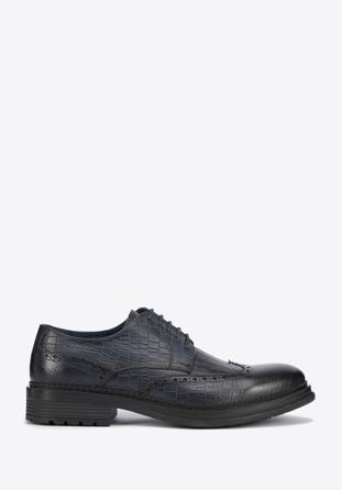 Men's croc-embossed leather shoes, navy blue, 95-M-504-N-41, Photo 1