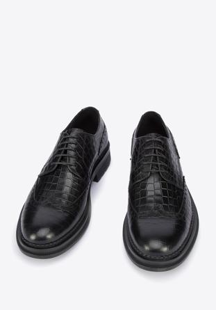 Men's croc-embossed leather shoes, black, 95-M-504-1-43, Photo 1
