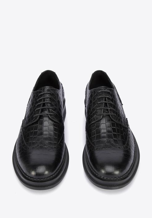 Men's croc-embossed leather shoes, black, 95-M-504-N-44, Photo 3