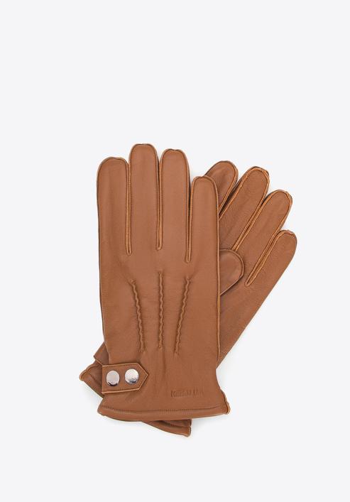 Męskie rękawiczki skórzane z ozdobnymi zatrzaskami, brązowy, 39-6A-014-1-S, Zdjęcie 1