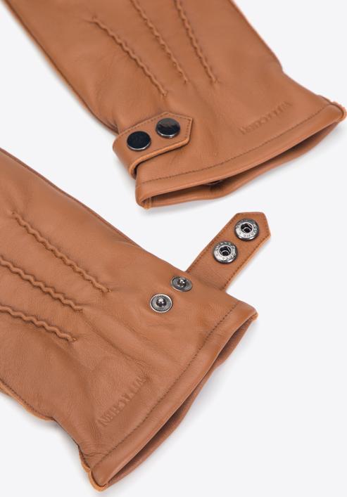 Męskie rękawiczki skórzane z ozdobnymi zatrzaskami, brązowy, 39-6A-014-1-S, Zdjęcie 4