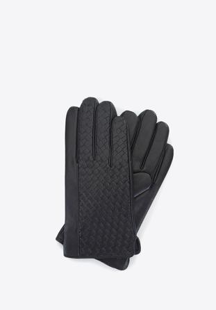 Męskie rękawiczki z plecionej skóry, czarny, 39-6-345-1-S, Zdjęcie 1