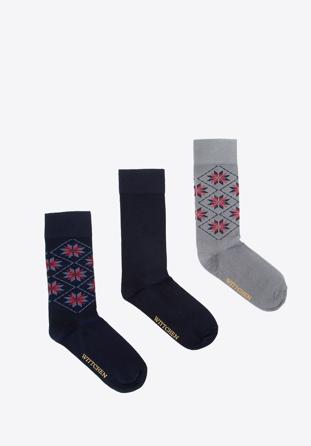 Men's socks with diamond and Scandinavian pattern., grey-navy blue, 91-SK-012-X1-40/42, Photo 1