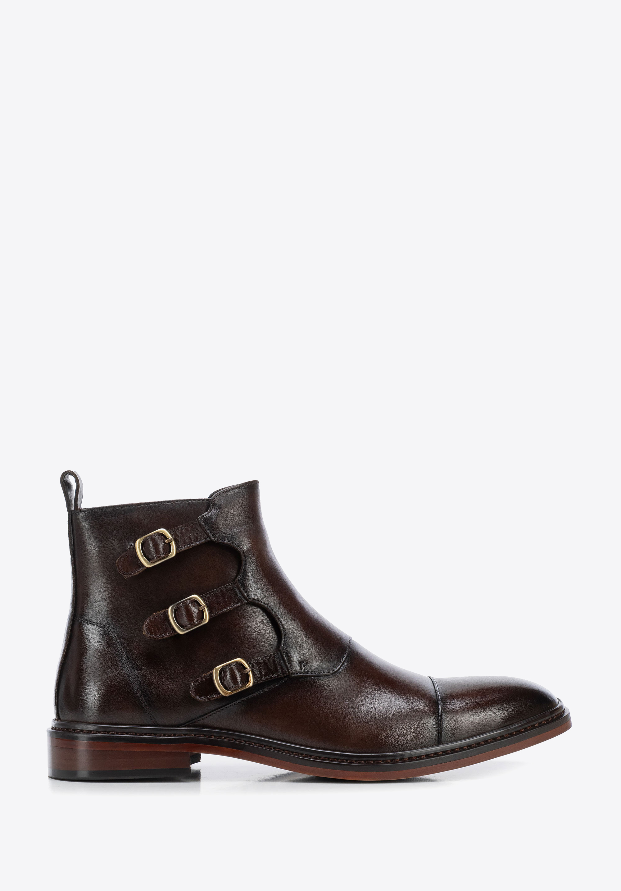 Men's leather boots with decorative buckles and zip, dark brown, 103-M-500-4-41, Photo 1
