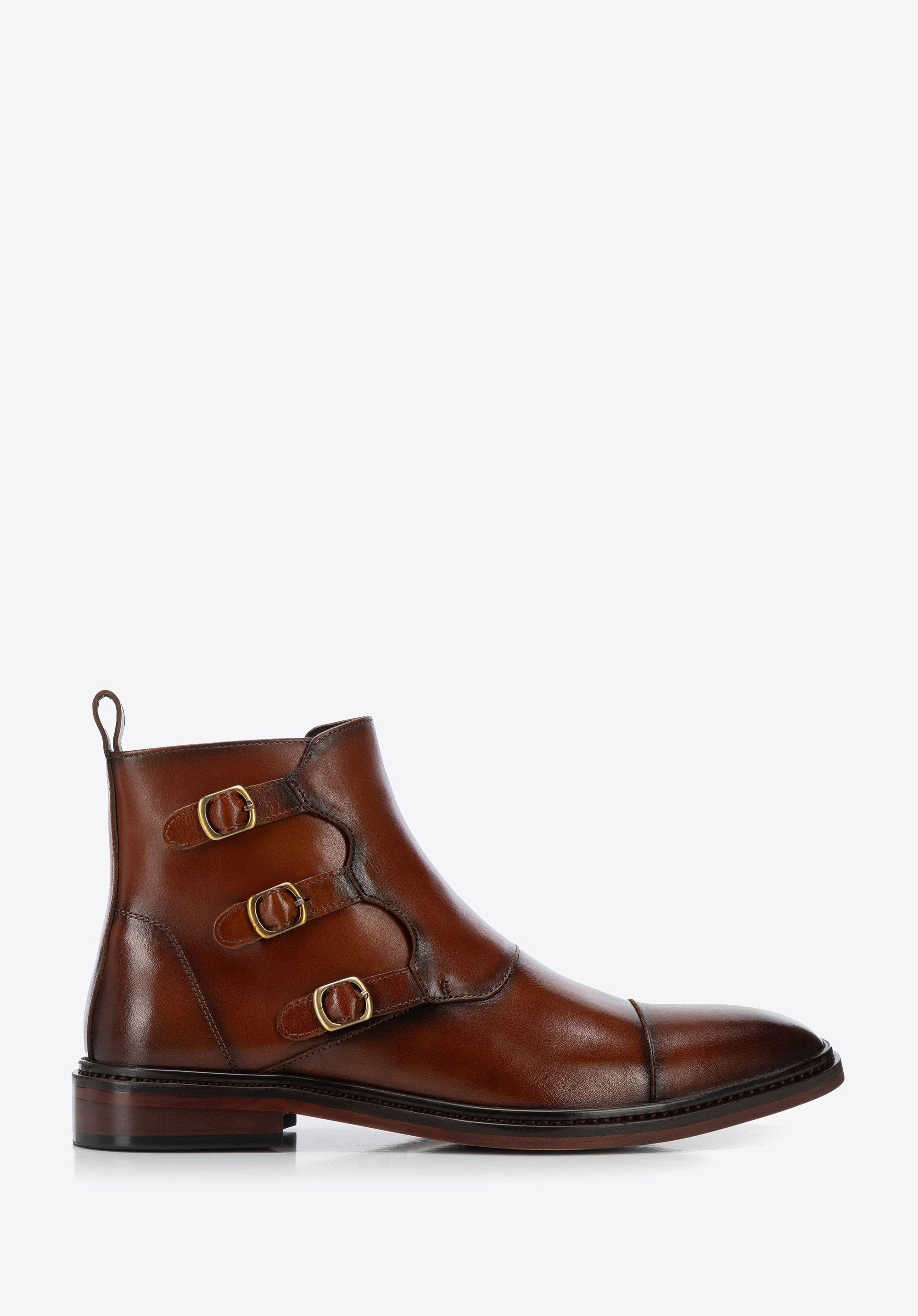 Men's leather boots with decorative buckles and zip, light brown, 103-M-500-5-41, Photo 1