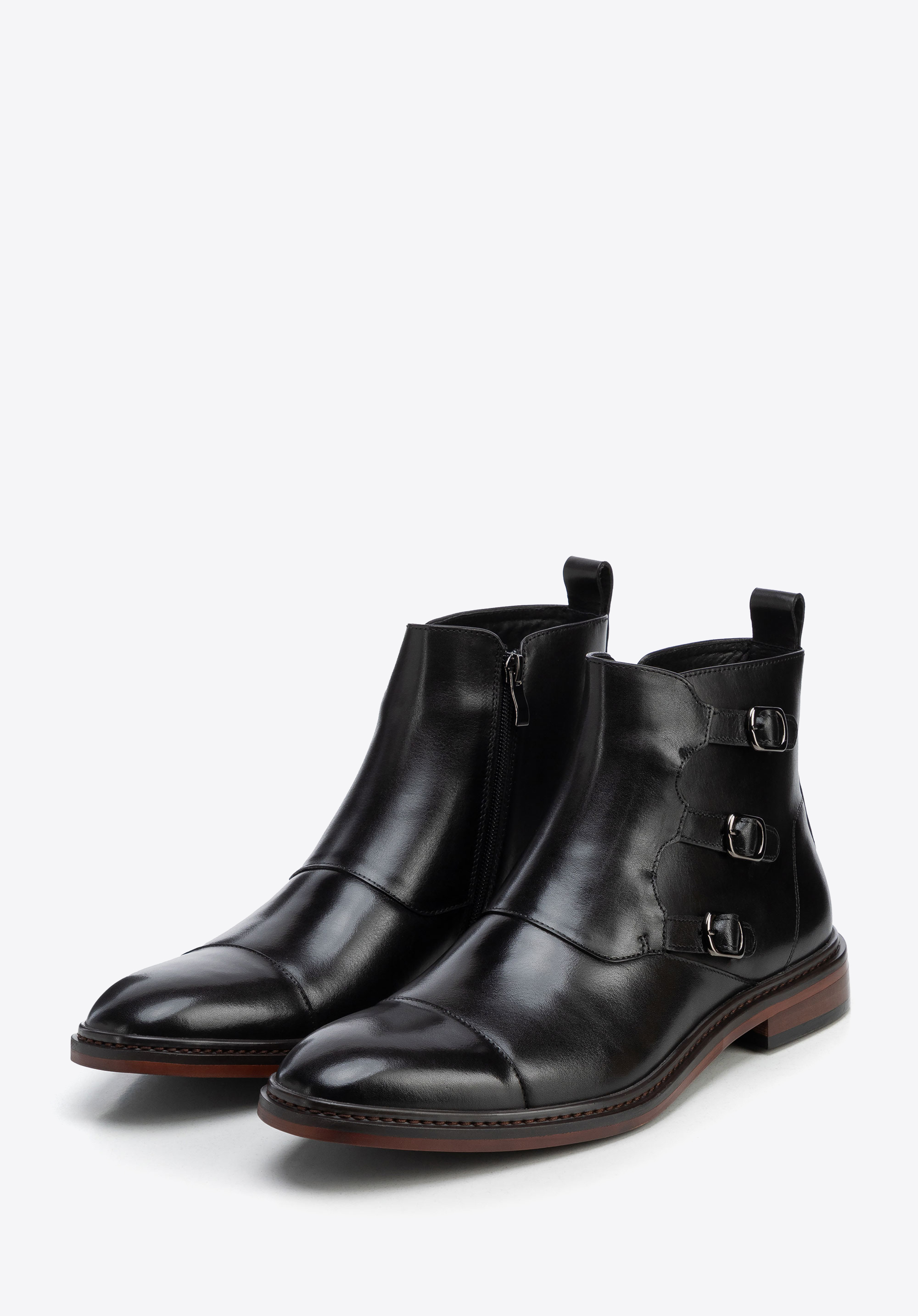 Men's leather boots with decorative buckles and zip, black, 103-M-500-1-41, Photo 1