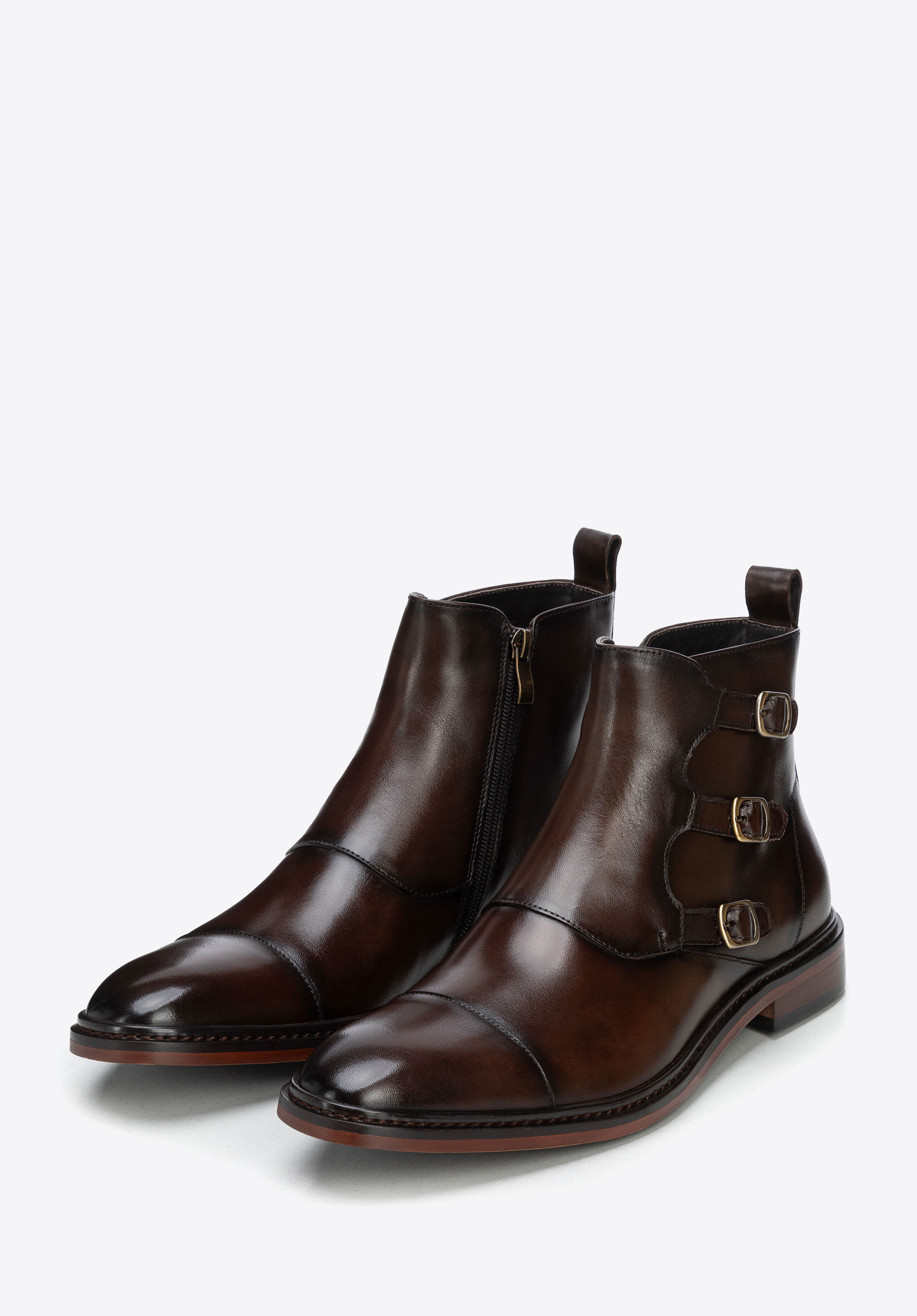 Men's leather boots with decorative buckles and zip, dark brown, 103-M-500-4-43, Photo 1