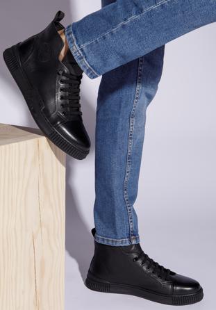 Męskie sneakersy skórzane wysokie, czarny, 94-M-950-1-44, Zdjęcie 1