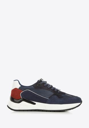 Men's leather trainers with a herringbone detail, blue-red, 96-M-952-N-43, Photo 1