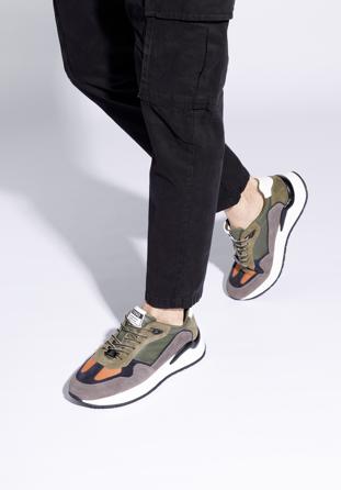 Męskie sneakersy skórzane z motywem w jodełkę, zielono-szary, 96-M-952-8-40, Zdjęcie 1
