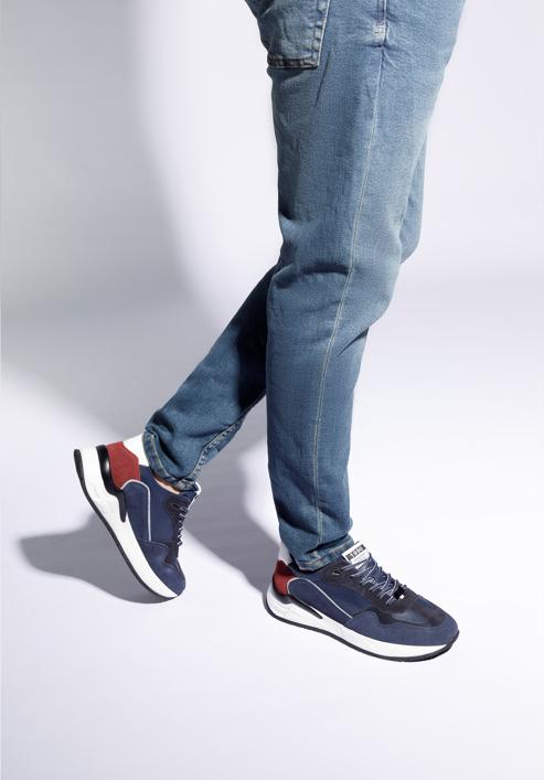 Men's leather trainers with a herringbone detail, blue-red, 96-M-952-N-39, Photo 15