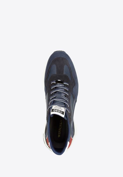 Men's leather trainers with a herringbone detail, blue-red, 96-M-952-N-40, Photo 4