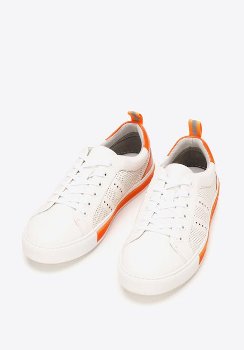 Męskie sneakersy skórzane z perforacjami, biało-pomarańczowy, 92-M-901-1-40, Zdjęcie 5