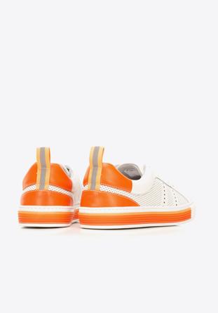 Męskie sneakersy skórzane z perforacjami, biało-pomarańczowy, 92-M-901-O-44, Zdjęcie 1