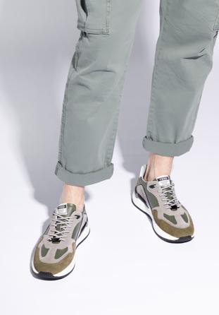 Męskie sneakersy skórzane z zamszowymi wstawkami, zielono-szary, 96-M-950-8-44, Zdjęcie 1